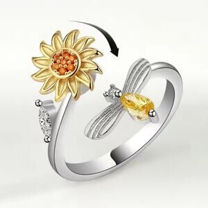 Silver Tone Honey Bee Sunflower Spinner Ring Boho Valentine's Birthday Gift